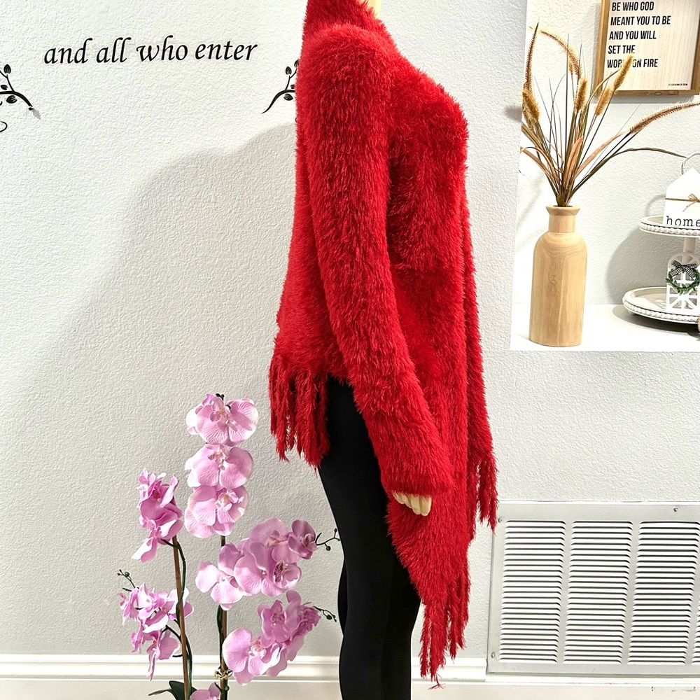 VTG One Size Red Shawl Knitted Tasseled Turkish Hi Low Sweater Cardigan Maaz - Picture 2 of 5